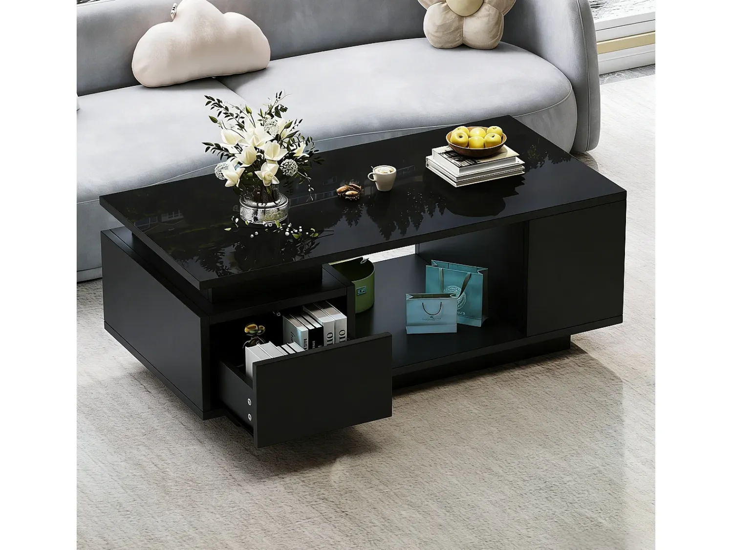 Mesa De Centro*Hauss Spole Mesa de centro 100 x 50 x 36 cm com gaveta, LED - Preta Preto
