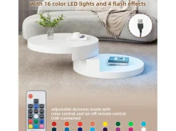 Mesa De Centro| Mesa de centro - 70x70x35,5cm - Tampo giratório 360° - com faixa de LED de 16 cores - Branca Branco