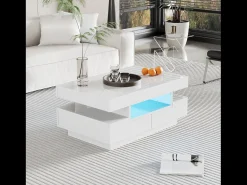 Mesa De Centro* Mesa de centro, acabamento alto brilho, com LED, 4 gavetas à frente e atrás, amplo espaço de arrumação 80x50x36cm, Branco