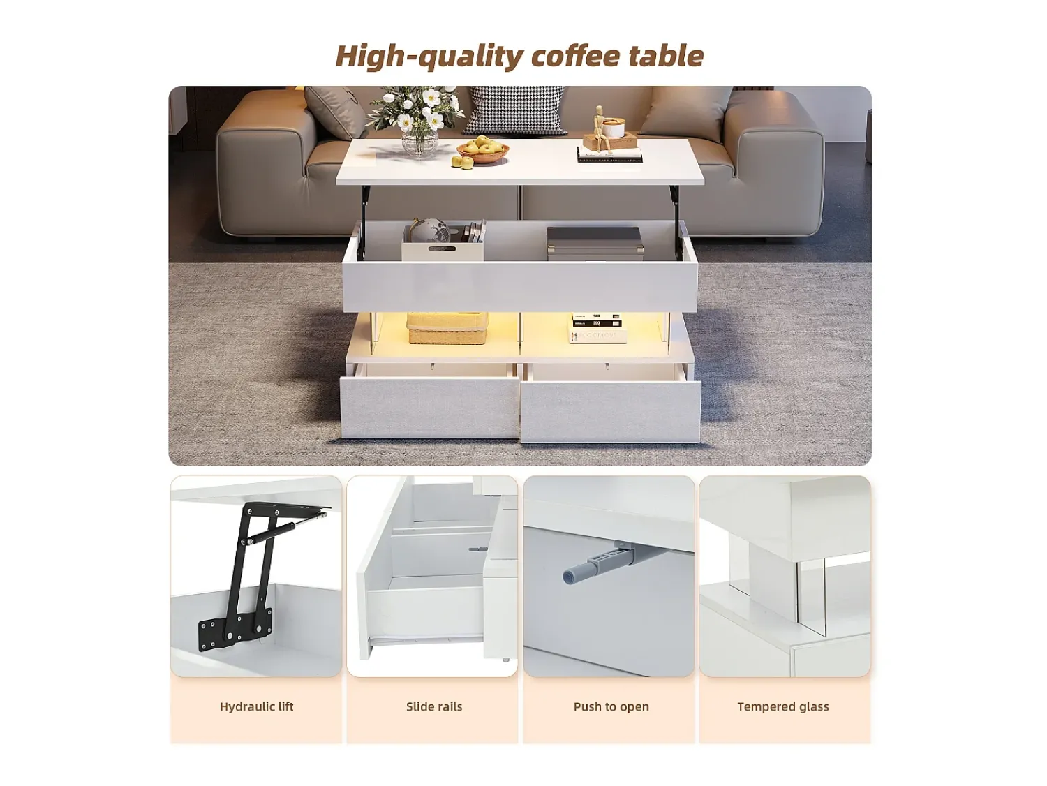 ModernLuxe Mesa de centro ajustável 100×50×46 cm - com iluminação LED - 2 gavetas - MDF + vidro temperado -^ Mesa De Centro