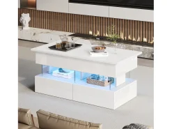 ModernLuxe Mesa de centro ajustável 100×50×46 cm - com iluminação LED - 2 gavetas - MDF + vidro temperado -^ Mesa De Centro