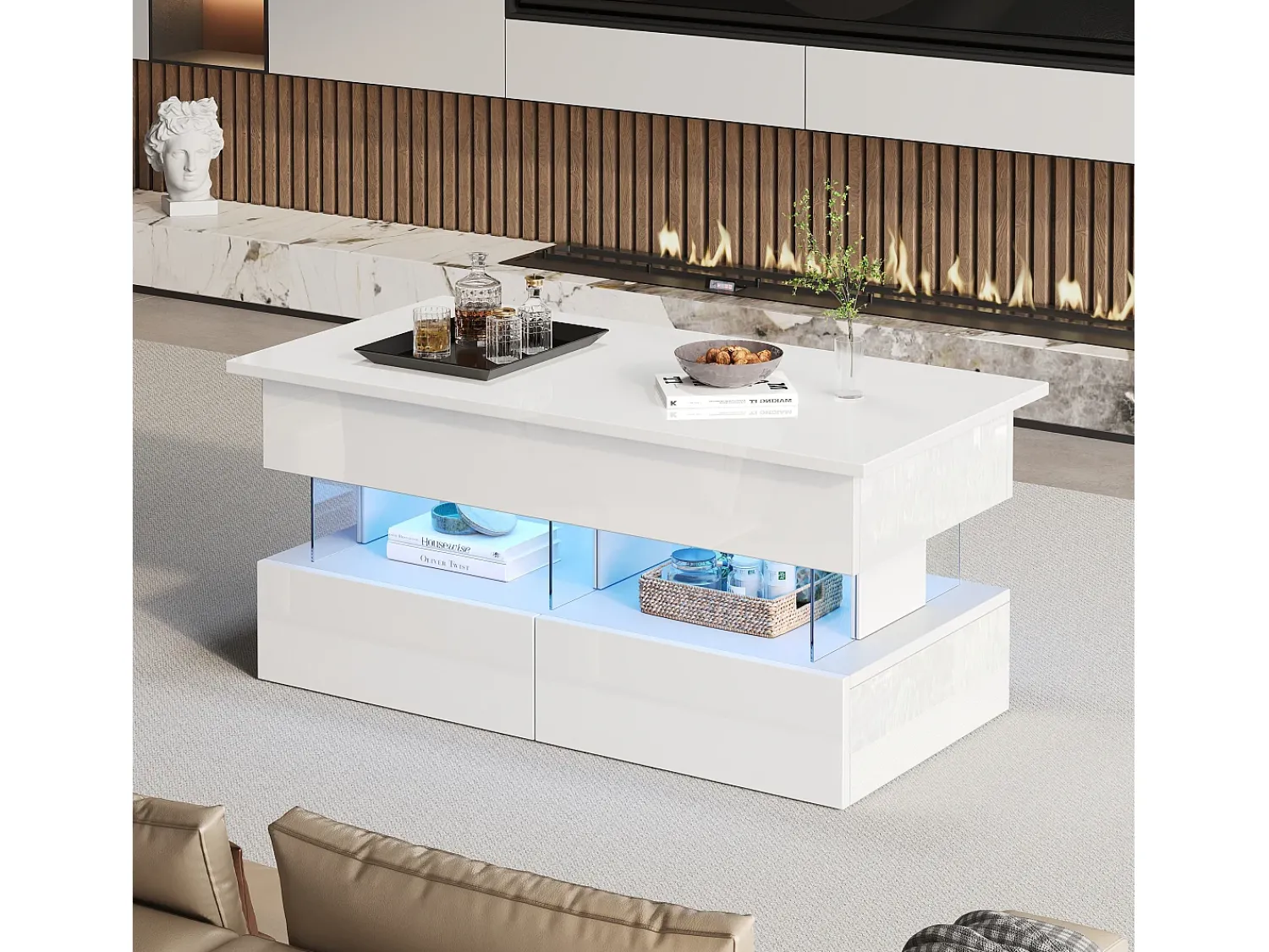 ModernLuxe Mesa de centro ajustável 100×50×46 cm - com iluminação LED - 2 gavetas - MDF + vidro temperado -^ Mesa De Centro