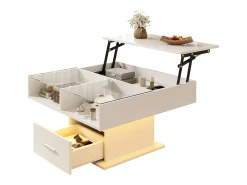 Mesa De Centro*ModernLuxe Mesa de centro ajustável 78×78×45,5 cm - com iluminação LED - 1 gaveta - prateleiras abertas - Branco