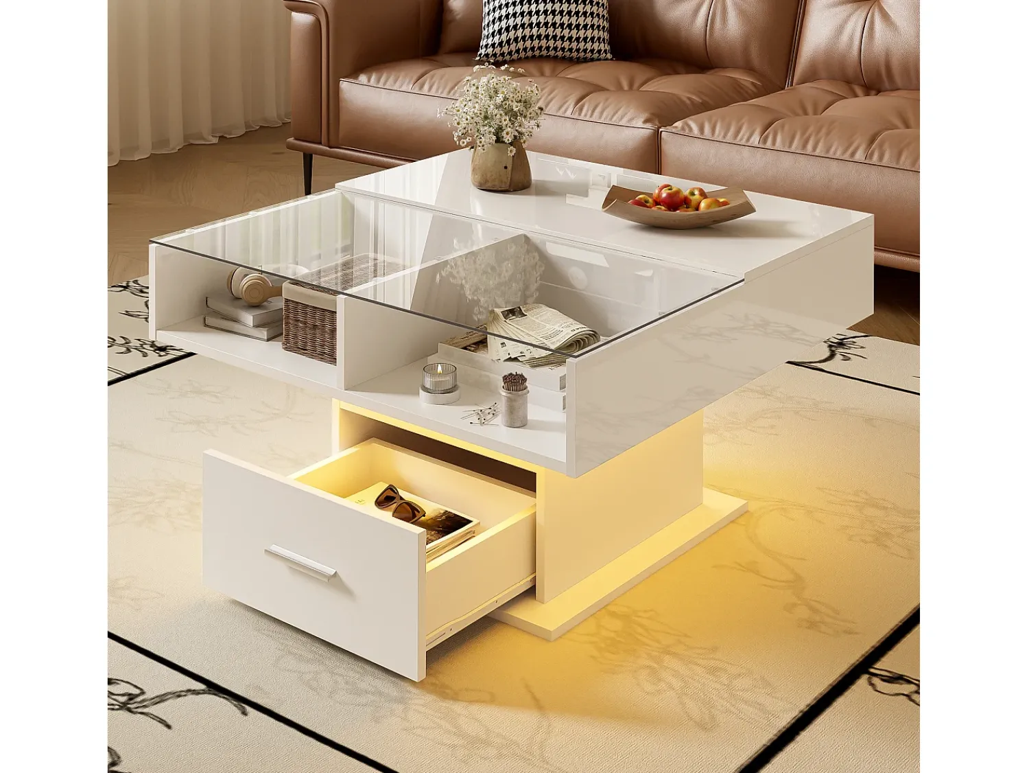 Mesa De Centro*ModernLuxe Mesa de centro ajustável 78×78×45,5 cm - com iluminação LED - 1 gaveta - prateleiras abertas - Branco