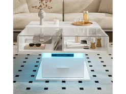 Mesa De Centro*ModernLuxe Mesa de centro ajustável 78×78×45,5 cm - com iluminação LED - 1 gaveta - prateleiras abertas - Branco
