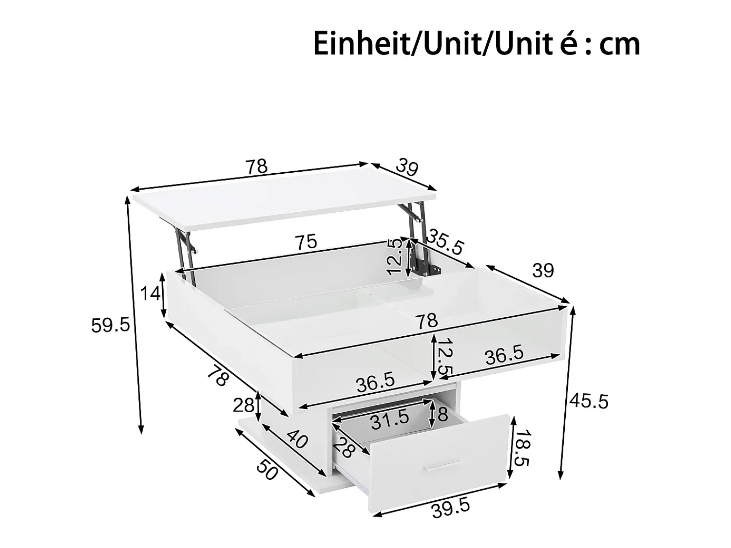 Mesa De Centro*ModernLuxe Mesa de centro ajustável 78×78×45,5 cm - com iluminação LED - 1 gaveta - prateleiras abertas - Branco