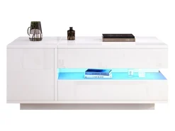 Mesa De Centro|ModernLuxe Mesa de centro ajustável 95×50×34,5 cm - Acabamento brilhante - 1 gaveta e 1 porta - Iluminação LED - Branco