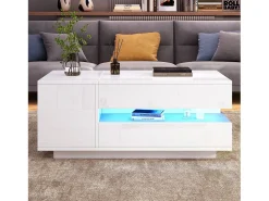 Mesa De Centro|ModernLuxe Mesa de centro ajustável 95×50×34,5 cm - Acabamento brilhante - 1 gaveta e 1 porta - Iluminação LED - Branco