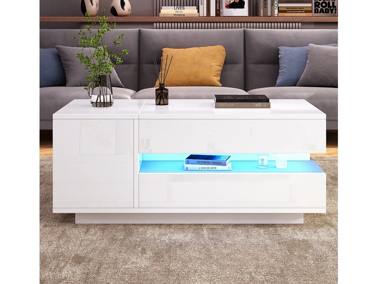 Mesa De Centro|ModernLuxe Mesa de centro ajustável 95×50×34,5 cm - Acabamento brilhante - 1 gaveta e 1 porta - Iluminação LED - Branco