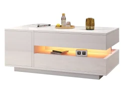 Mesa De Centro|ModernLuxe Mesa de centro ajustável 95×50×34,5 cm - Acabamento brilhante - 1 gaveta e 1 porta - Iluminação LED - Branco