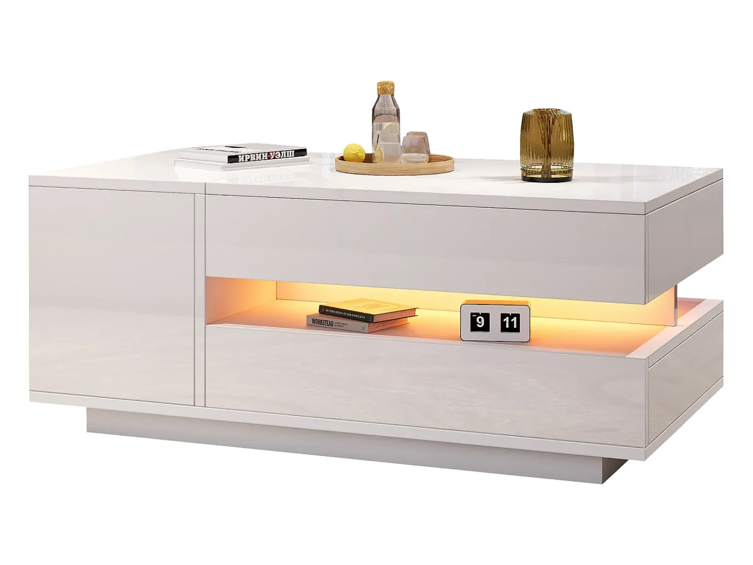 Mesa De Centro|ModernLuxe Mesa de centro ajustável 95×50×34,5 cm - Acabamento brilhante - 1 gaveta e 1 porta - Iluminação LED - Branco