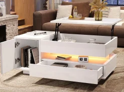 Mesa De Centro|ModernLuxe Mesa de centro ajustável 95×50×34,5 cm - Acabamento brilhante - 1 gaveta e 1 porta - Iluminação LED - Branco