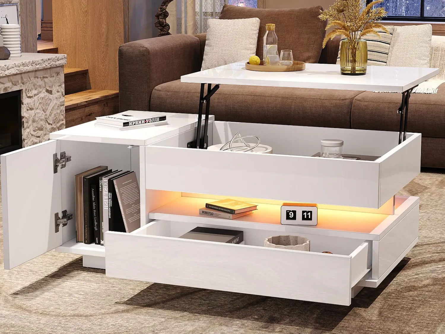 Mesa De Centro|ModernLuxe Mesa de centro ajustável 95×50×34,5 cm - Acabamento brilhante - 1 gaveta e 1 porta - Iluminação LED - Branco