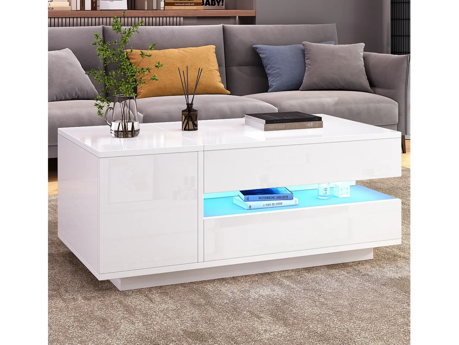 Mesa De Centro|ModernLuxe Mesa de centro ajustável 95×50×34,5 cm - Acabamento brilhante - 1 gaveta e 1 porta - Iluminação LED - Branco