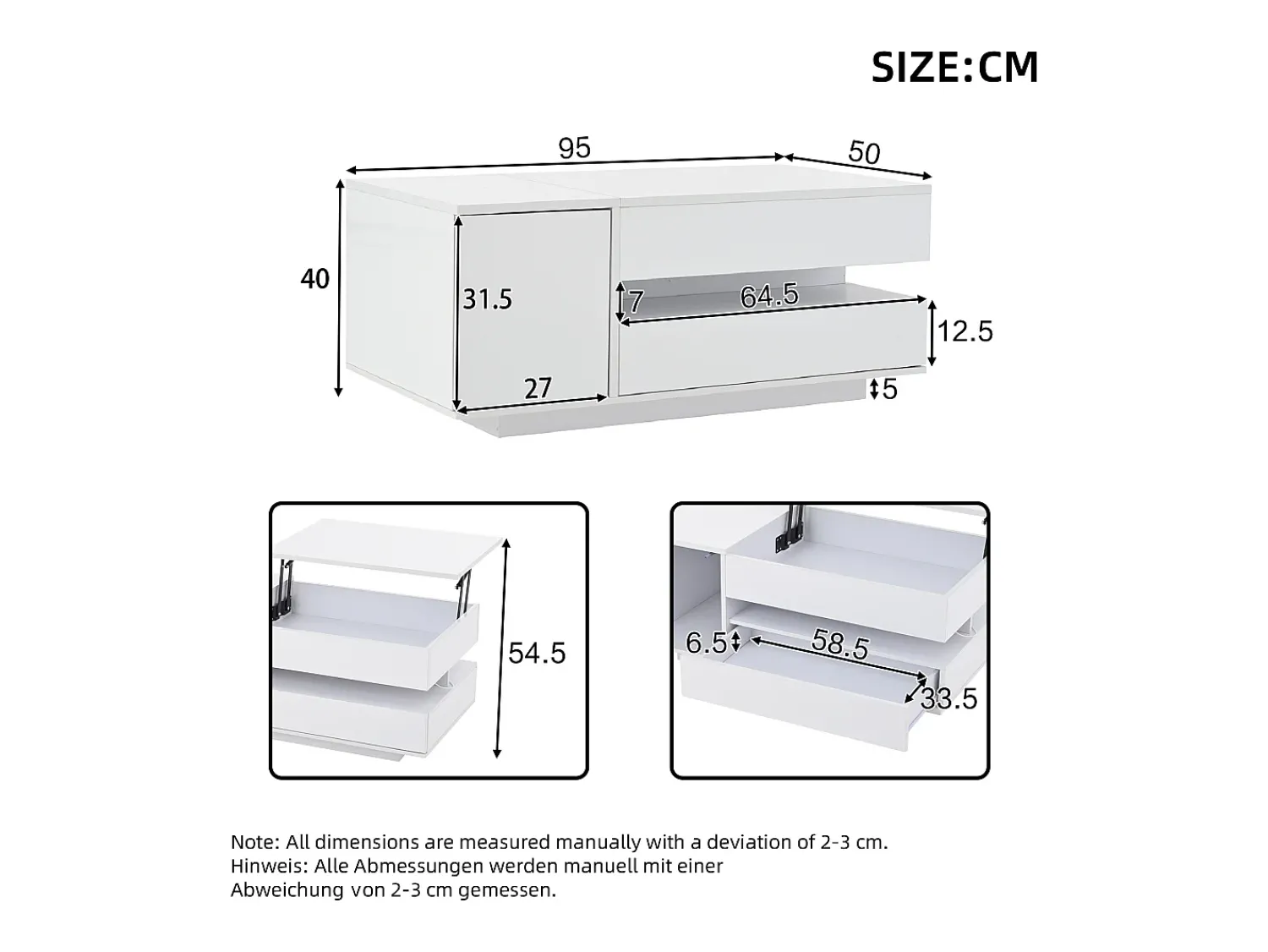 Mesa De Centro|ModernLuxe Mesa de centro ajustável 95×50×34,5 cm - Acabamento brilhante - 1 gaveta e 1 porta - Iluminação LED - Branco