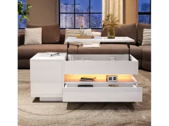 Mesa De Centro|ModernLuxe Mesa de centro ajustável 95×50×34,5 cm - Acabamento brilhante - 1 gaveta e 1 porta - Iluminação LED - Branco