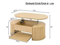 Mesa De Centro|ModernLuxe Mesa de centro ajustável 110×55,5×40 cm - laterais curvos - com 1 gaveta - MDF - natural Natural claro
