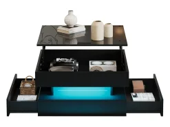 Mesa De Centro*ModernLuxe Mesa de centro ajustável 65×65×38,5 cm - acabamento brilhante - com iluminação LED - 2 gavetas - Preto