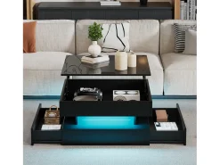 Mesa De Centro*ModernLuxe Mesa de centro ajustável 65×65×38,5 cm - acabamento brilhante - com iluminação LED - 2 gavetas - Preto