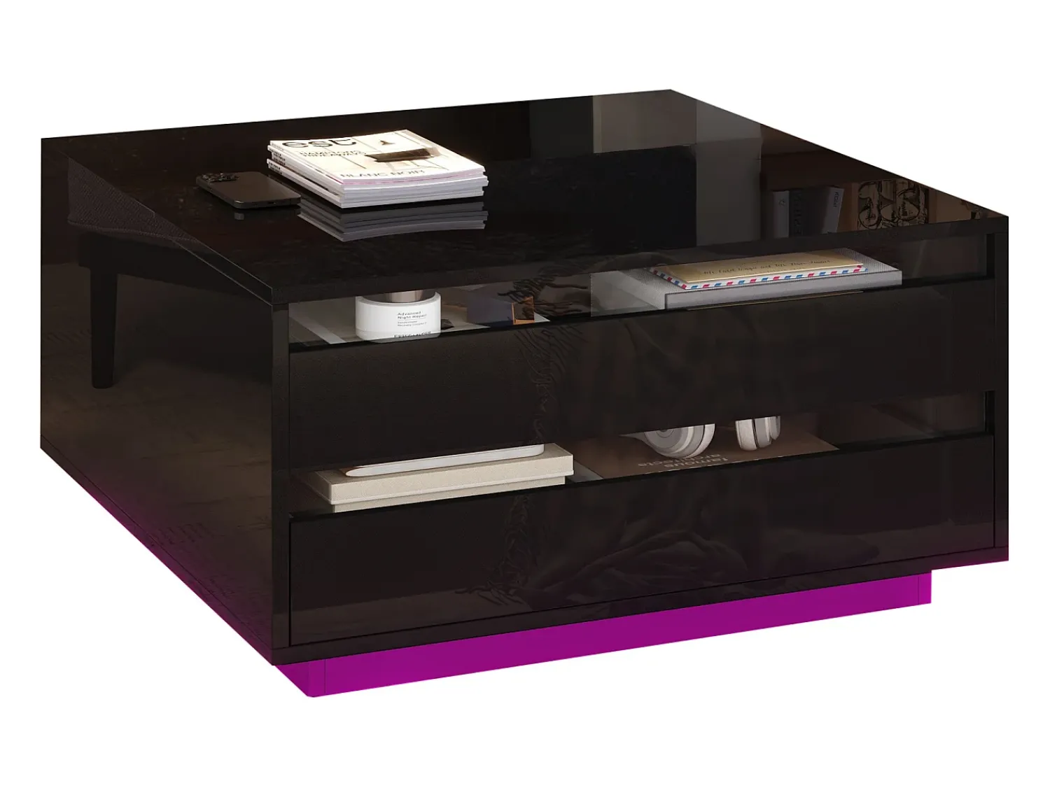 ModernLuxe Mesa de centro ajustável 70×70×38 cm - com fita LED - com 1 gaveta e porta basculante -^ Mesa De Centro