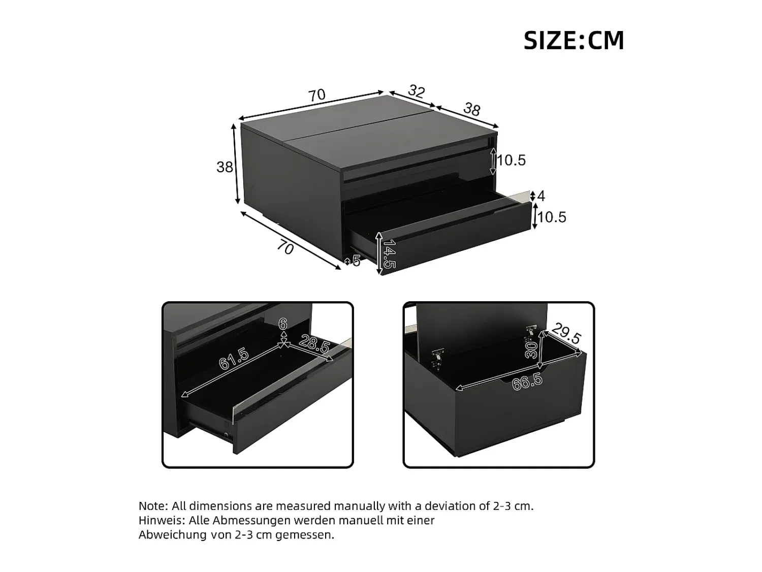 ModernLuxe Mesa de centro ajustável 70×70×38 cm - com fita LED - com 1 gaveta e porta basculante -^ Mesa De Centro