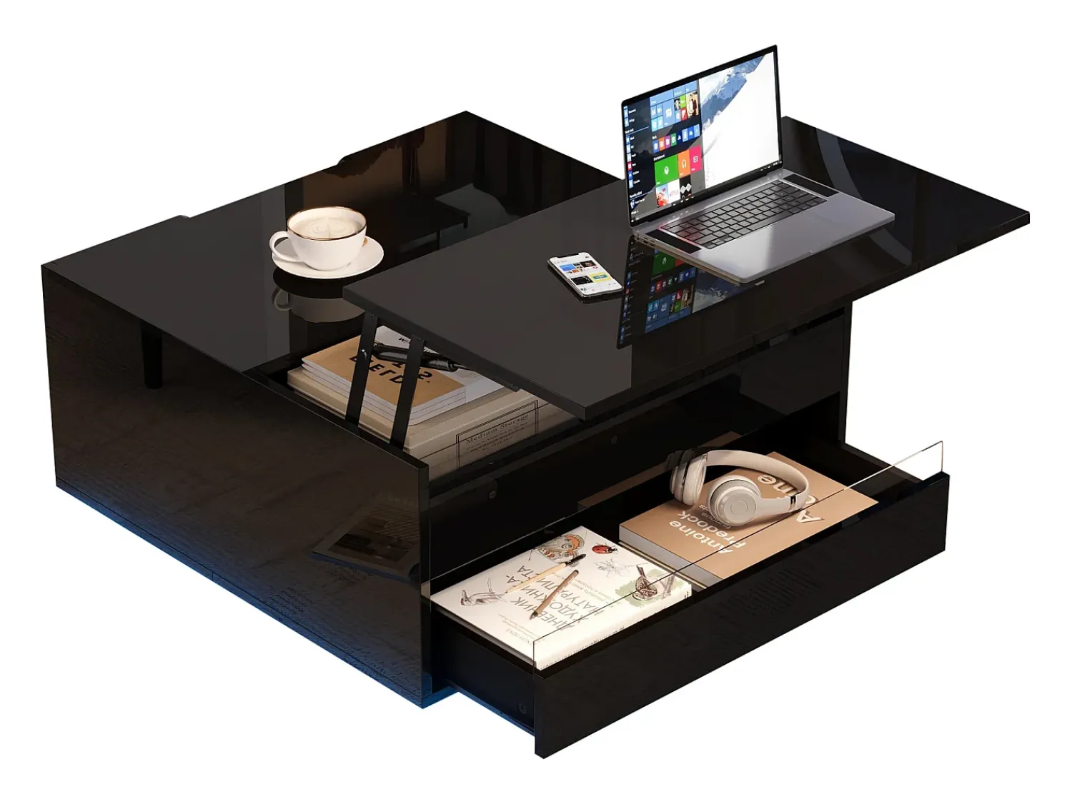ModernLuxe Mesa de centro ajustável 70×70×38 cm - com fita LED - com 1 gaveta e porta basculante -^ Mesa De Centro