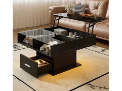ModernLuxe Mesa de centro ajustável 78×78×45,5 cm - com iluminação LED - 1 gaveta - prateleiras abertas - Preto