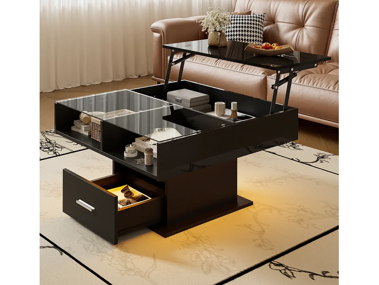 ModernLuxe Mesa de centro ajustável 78×78×45,5 cm - com iluminação LED - 1 gaveta - prateleiras abertas - Preto