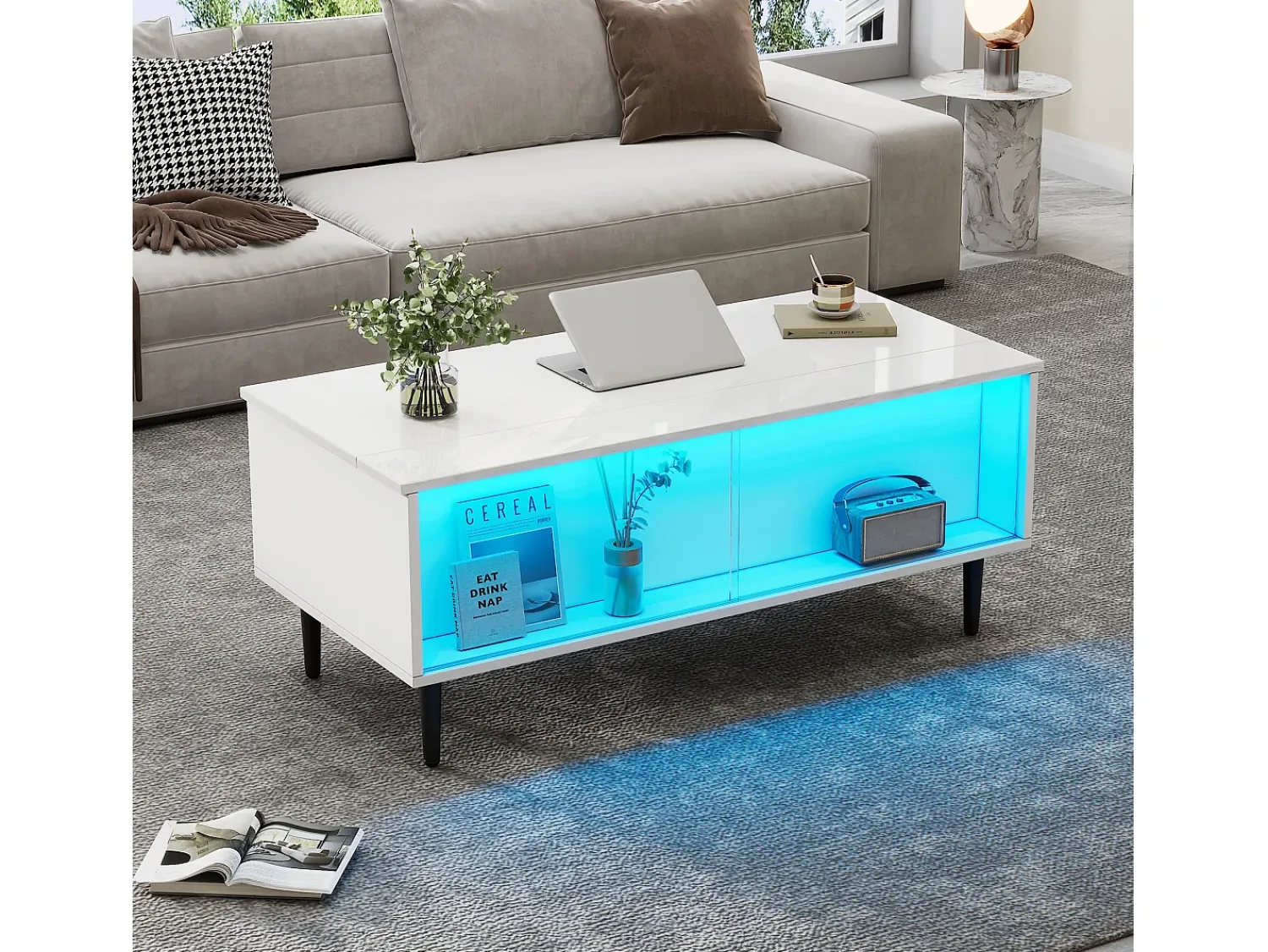ModernLuxe Mesa de centro ajustável 105×50×43 cm - com iluminação LED - tampo de vidro temperado -^ Mesa De Centro