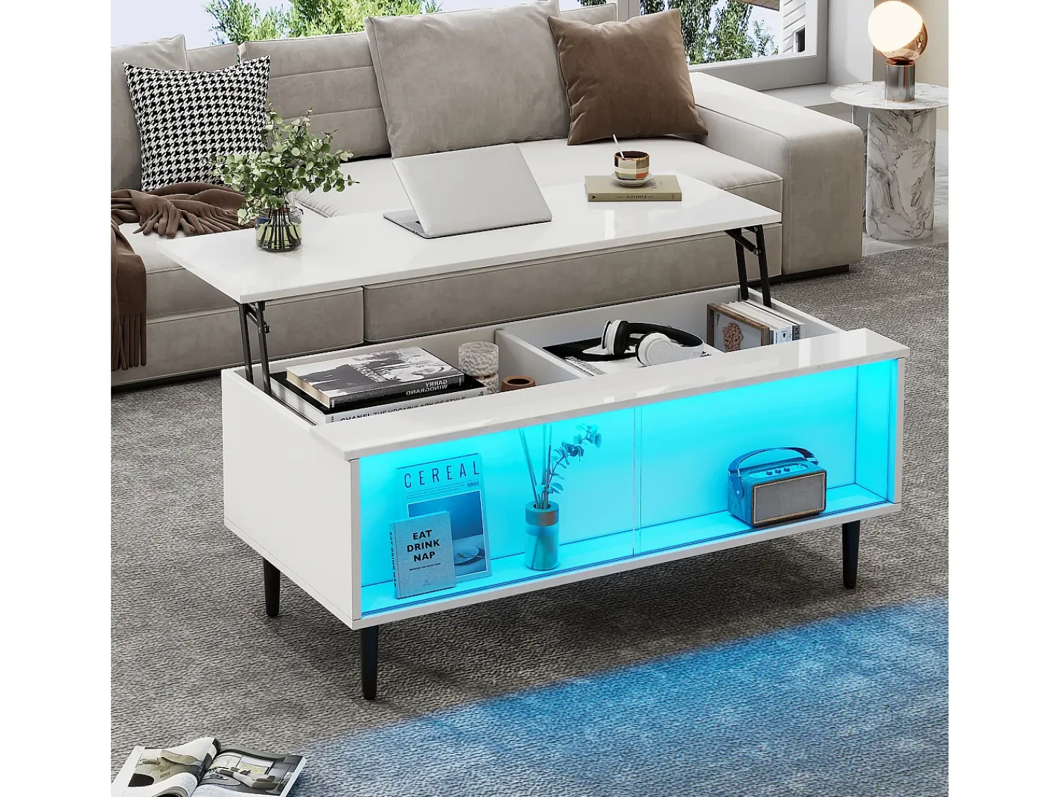 ModernLuxe Mesa de centro ajustável 105×50×43 cm - com iluminação LED - tampo de vidro temperado -^ Mesa De Centro