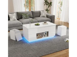 ModernLuxe Mesa de centro ajustável 100×50×45 cm - com iluminação LED - acabamento brilhante - com 2 gavetas e 2 banquetas -^ Mesa De Centro