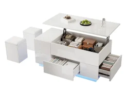 ModernLuxe Mesa de centro ajustável 100×50×45 cm - com iluminação LED - acabamento brilhante - com 2 gavetas e 2 banquetas -^ Mesa De Centro