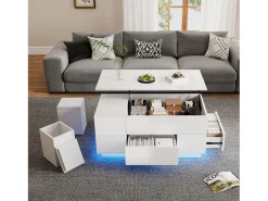 ModernLuxe Mesa de centro ajustável 100×50×45 cm - com iluminação LED - acabamento brilhante - com 2 gavetas e 2 banquetas -^ Mesa De Centro