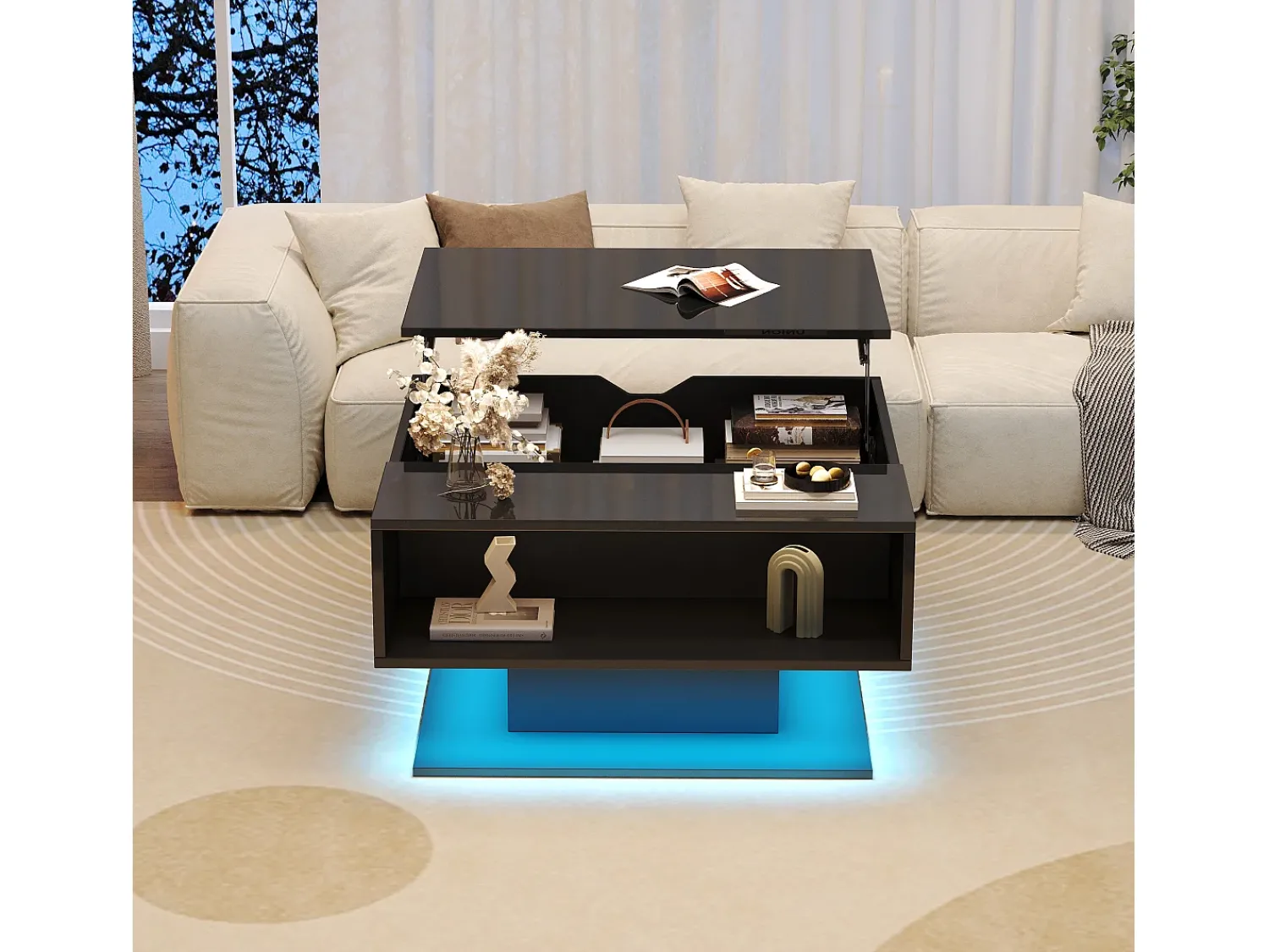 Mesa De Centro*ModernLuxe Mesa de centro ajustável 80×77×40 cm - design brilhante - com iluminação LED - armazenamento semiaberto - Preto