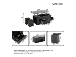 New ModernLuxe Mesa de centro ajustável 100×50×45 cm - com iluminação LED - acabamento brilhante - com 2 gavetas e 2 banquetas - Preto