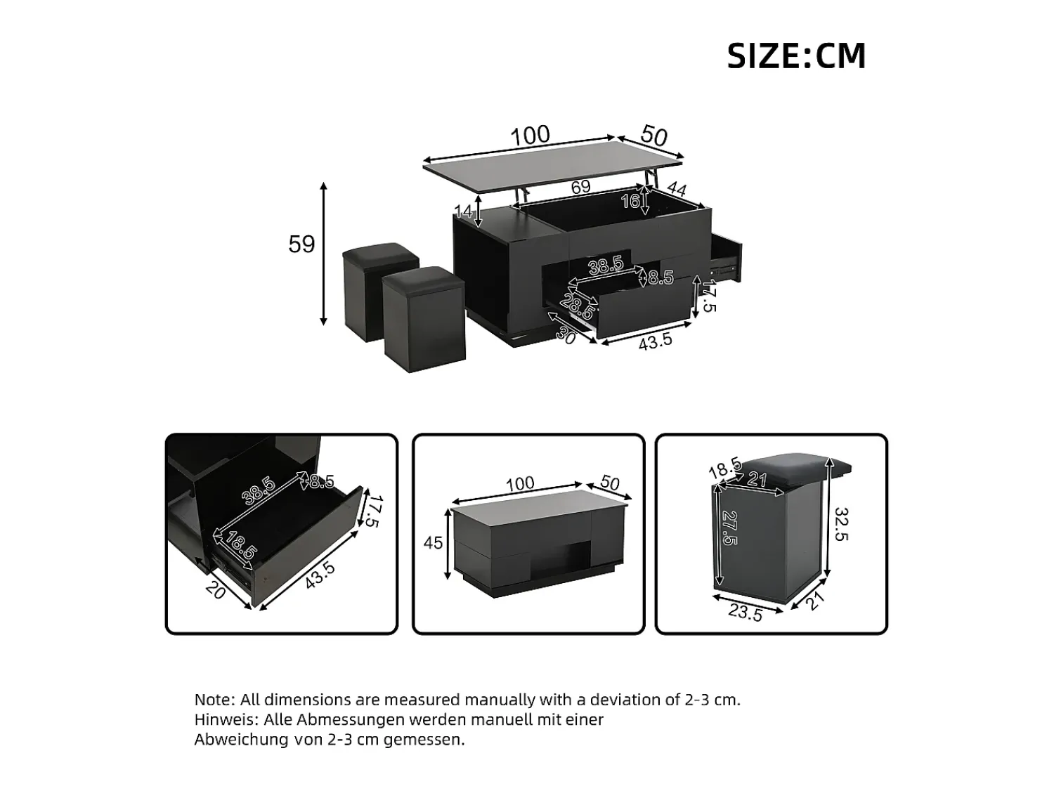 New ModernLuxe Mesa de centro ajustável 100×50×45 cm - com iluminação LED - acabamento brilhante - com 2 gavetas e 2 banquetas - Preto