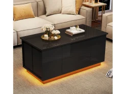 New ModernLuxe Mesa de centro ajustável 100×50×45 cm - com iluminação LED - acabamento brilhante - com 2 gavetas e 2 banquetas - Preto