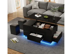 New ModernLuxe Mesa de centro ajustável 100×50×45 cm - com iluminação LED - acabamento brilhante - com 2 gavetas e 2 banquetas - Preto