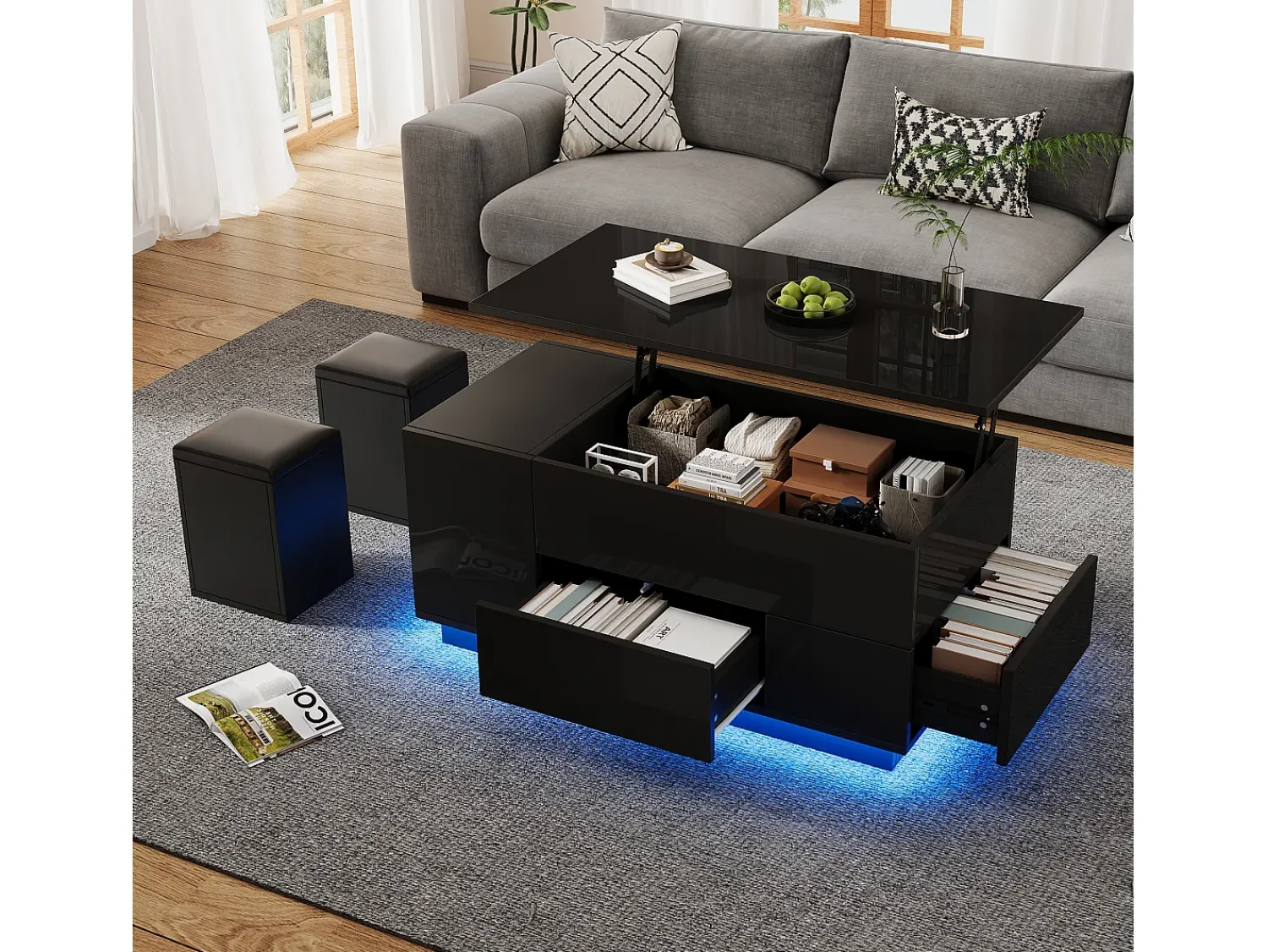 New ModernLuxe Mesa de centro ajustável 100×50×45 cm - com iluminação LED - acabamento brilhante - com 2 gavetas e 2 banquetas - Preto
