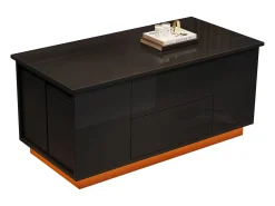 New ModernLuxe Mesa de centro ajustável 100×50×45 cm - com iluminação LED - acabamento brilhante - com 2 gavetas e 2 banquetas - Preto