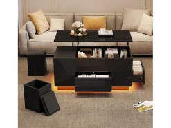New ModernLuxe Mesa de centro ajustável 100×50×45 cm - com iluminação LED - acabamento brilhante - com 2 gavetas e 2 banquetas - Preto