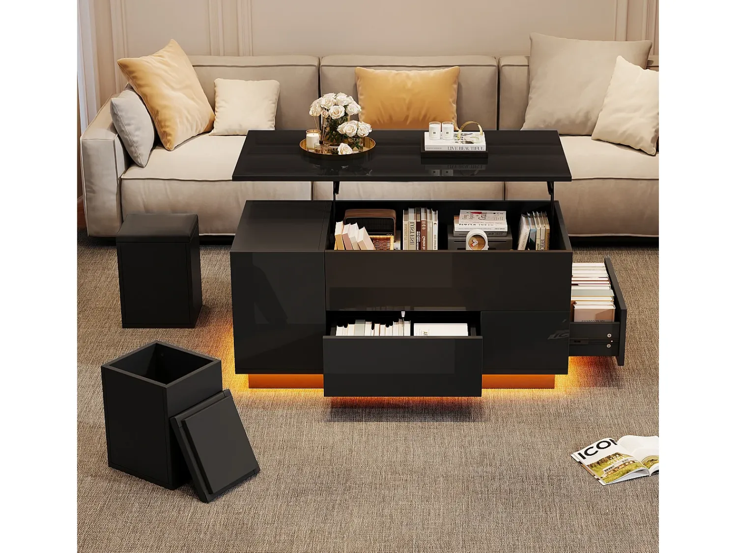 New ModernLuxe Mesa de centro ajustável 100×50×45 cm - com iluminação LED - acabamento brilhante - com 2 gavetas e 2 banquetas - Preto