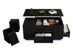 New ModernLuxe Mesa de centro ajustável 100×50×45 cm - com iluminação LED - acabamento brilhante - com 2 gavetas e 2 banquetas - Preto