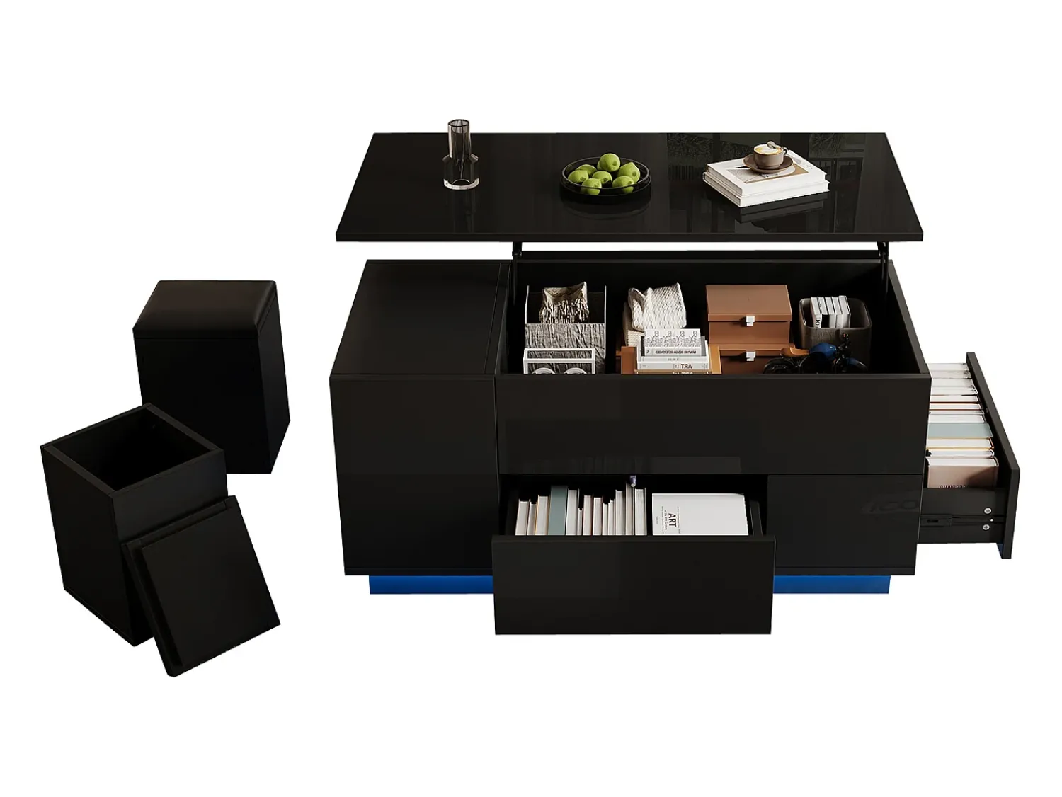New ModernLuxe Mesa de centro ajustável 100×50×45 cm - com iluminação LED - acabamento brilhante - com 2 gavetas e 2 banquetas - Preto