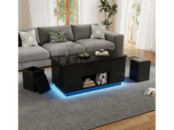 New ModernLuxe Mesa de centro ajustável 100×50×45 cm - com iluminação LED - acabamento brilhante - com 2 gavetas e 2 banquetas - Preto