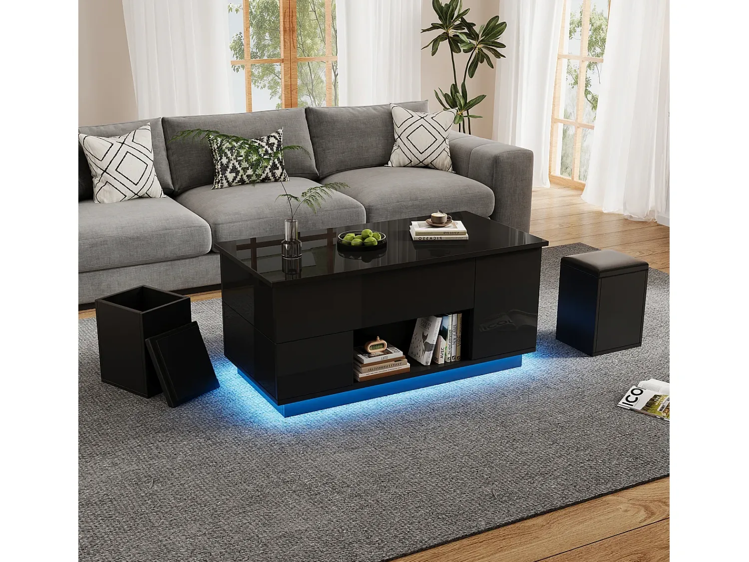 New ModernLuxe Mesa de centro ajustável 100×50×45 cm - com iluminação LED - acabamento brilhante - com 2 gavetas e 2 banquetas - Preto