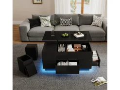New ModernLuxe Mesa de centro ajustável 100×50×45 cm - com iluminação LED - acabamento brilhante - com 2 gavetas e 2 banquetas - Preto