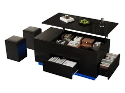 New ModernLuxe Mesa de centro ajustável 100×50×45 cm - com iluminação LED - acabamento brilhante - com 2 gavetas e 2 banquetas - Preto