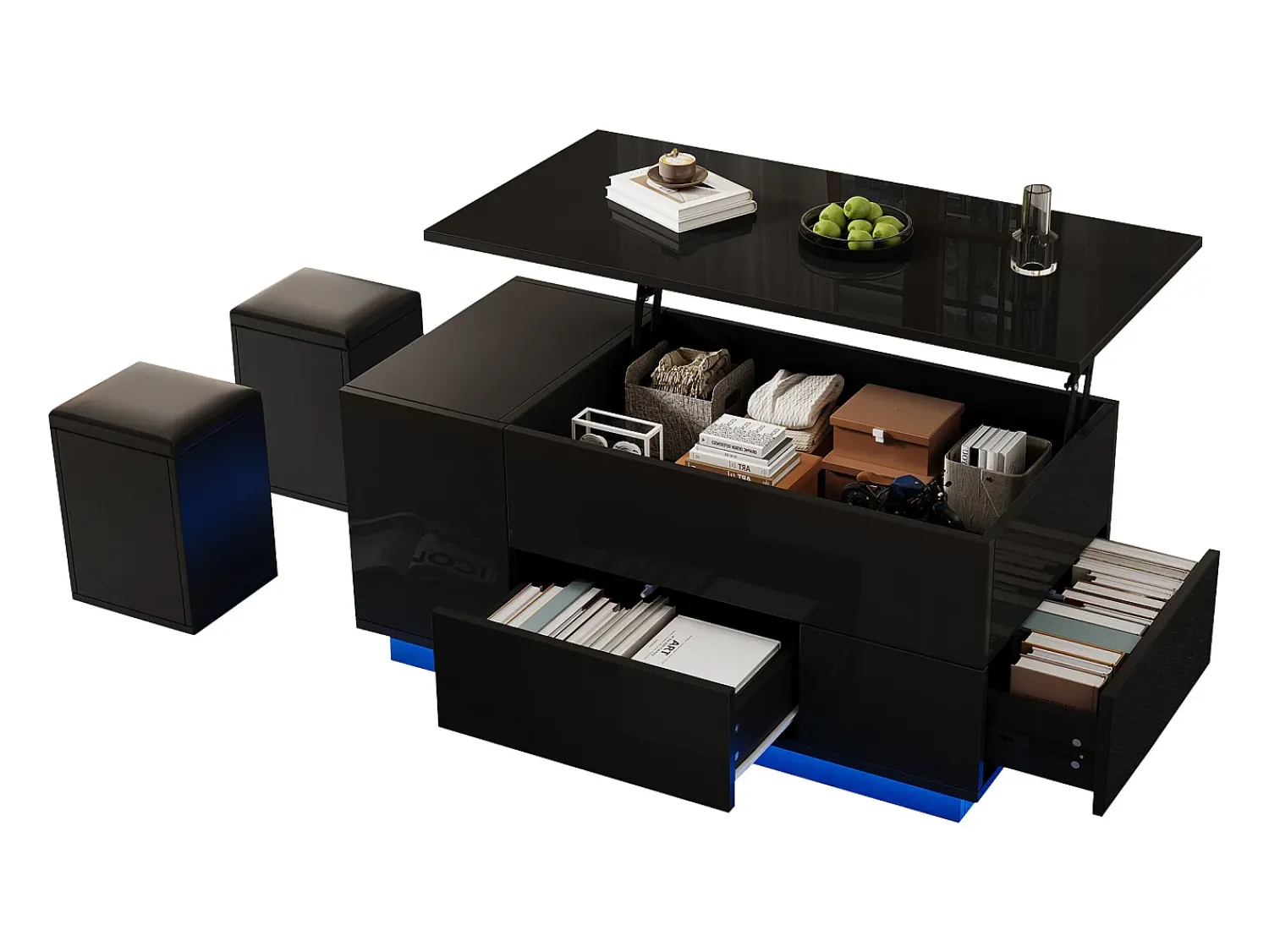 New ModernLuxe Mesa de centro ajustável 100×50×45 cm - com iluminação LED - acabamento brilhante - com 2 gavetas e 2 banquetas - Preto