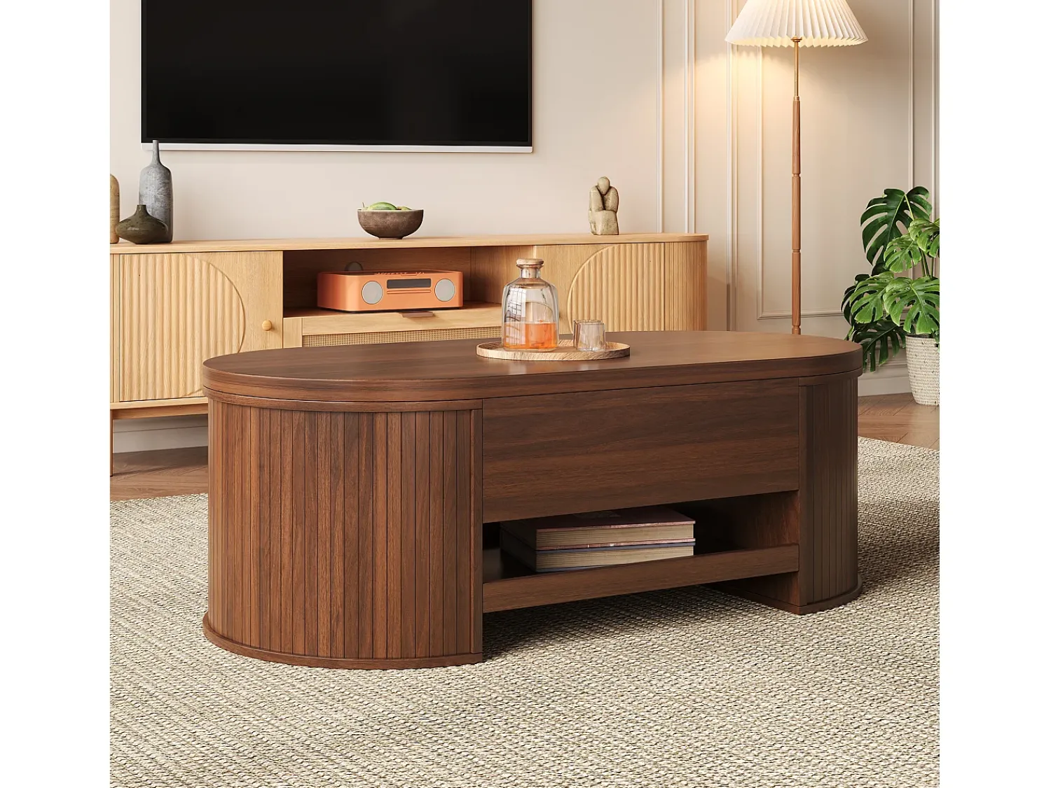 Mesa De Centro*ModernLuxe Mesa de centro ajustável 110×55,5×40 cm - laterais curvos - com 1 gaveta - MDF - marrom Castanho